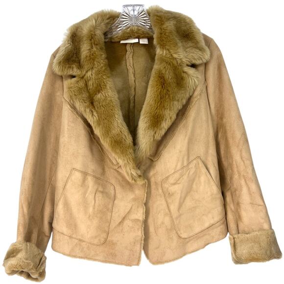 Chico’s | S | Shearling Jacket Faux Suede Faux Fur Camel Coat Moto Women's 4 - Picture 1 of 5